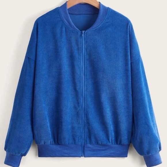 NEW SHEIN corduroy drop shoulder bomber jacket full zip blue medium - Picture 1 of 10